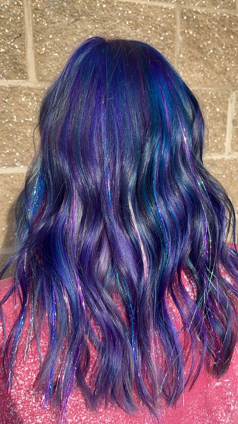 Purple Hair With Tinsel, Hair With Tinsel, Dye Inspiration, Blue Purple Hair, Sparkle Hair, Purple Y2k, Y2k Hair, Hair Tinsel, Mermaid Hair