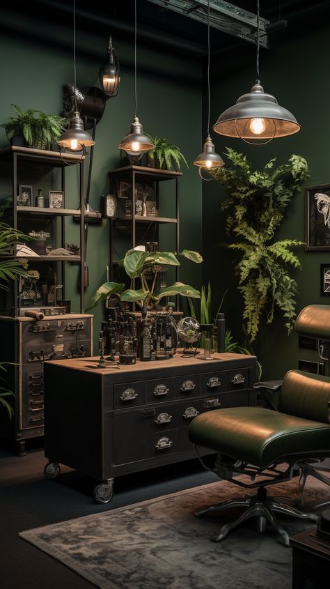 Green Nail Salon Interior Design, Tattoo Parlor Interior, Goth Salon, Small Salon Ideas, Tattoo Shop Aesthetic, Dark Green Office, Tattoo Room, Men Salon, Tattoo Shop Interior