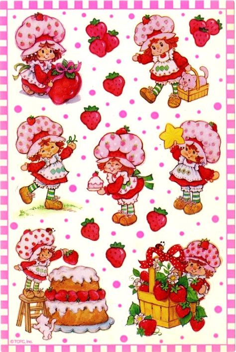 Kenner/American Greetings Strawberry Shortcake Sticker Sheet - Late 90's reissue Strawberry Shortcakes, Strawberry Shortcake Cartoon, Strawberry Shortcake Characters, Wal Art, Strawberry Shortcake Doll, Vintage Strawberry Shortcake, Vintage Strawberry, 80s Cartoons, Picture Collage Wall