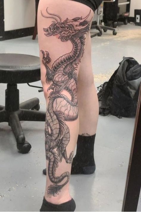 Dragon Tattoo Leg, Japanese Leg Tattoo, Dragon Tattoo Ideas, Full Leg Tattoos, Japanese Dragon Tattoo, Dragon Sleeve Tattoos, Dragon Tattoo For Women, Japanese Dragon Tattoos, Skeleton Hand Tattoo