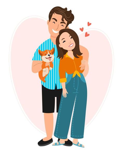 Happy couple, man and woman with a dog. Family concept with pets. Illustration, vector Family Drawing Illustration, Pets Illustration, Dog Family, Vector Infographic, Family Drawing, Infographic Template, Couple Illustration, Family Illustration, Dog Illustration