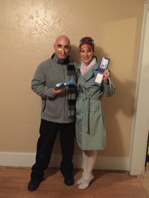 Gru and Lucy homemade costumes we did ourselves!! Cheap 2nd hand store finds for a great Halloween! Gru And Lucy Halloween Costume, Mr Clean Couples Costume, Gru And Lucy Costume, Lucy And Ricky Costume Couple, Gru X Lucy, Gru And Lucy, Meme Couple Costumes, Lucy Costume, Homemade Costumes