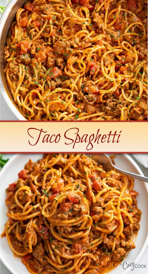 spaghetti with taco sauce Spaghetti Tacos Recipe, Taco Spaghetti Recipe, The Cozy Cook Recipes, Cozy Cook Recipes, Spicy Taco Seasoning, Allergy Diet, Best Copycat Recipes, The Cozy Cook, Yummy Dinner Ideas