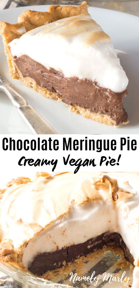 This is the BEST EVER Chocolate Meringue Pie recipe! It's a a perfect pie for a special occasion because it’s beautiful AND delicious! Imagine a silky smooth chocolate cream pie with meringue on top! This is a vegan chocolate cream pie with an eggless meringue which is great for so many people with dairy allergies! #namelymarly #chocolatemeringue #meringue #eggfreemeringue #veganchocolatepie #veganpie #meringuepie Vegan Meringue Pie, Chocolate Meringue Pie Recipe, Chocolate Meringue Pie, Vegan Pies, Vegan Meringue, Meringue Pie Recipes, Chocolate Meringue, Vegan Pie, Chocolate Cream Pie