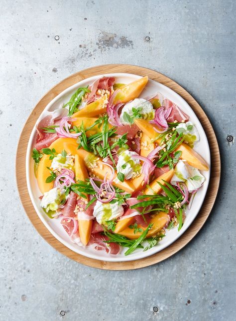 Melon, Mozzarella and Prosciutto Salad | dish - Dish Lettuce Salads, Dish Magazine, Prosciutto Salad, Potatoe Salad, Melon Recipes, Italian Antipasto, Fig Salad, 2023 Food, Melon Salad