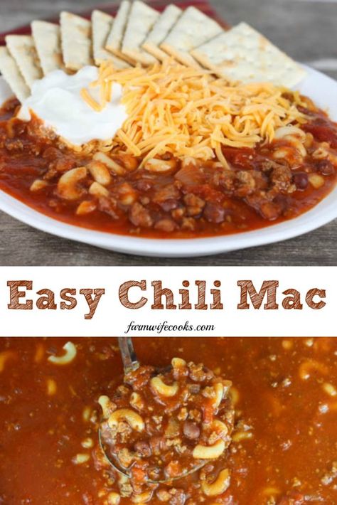 This Easy Chili Mac is a one pot meal that the whole family will love, that is made with ground beef, chili beans, macaroni and topped with cheese! Chili Mac Soup, Southern Chili, Chili Mac Crockpot, Mac Recipes, Easy Chili Mac, Mac Chili, Mom Meals, Chili Mac Recipe, Ground Beef Chili