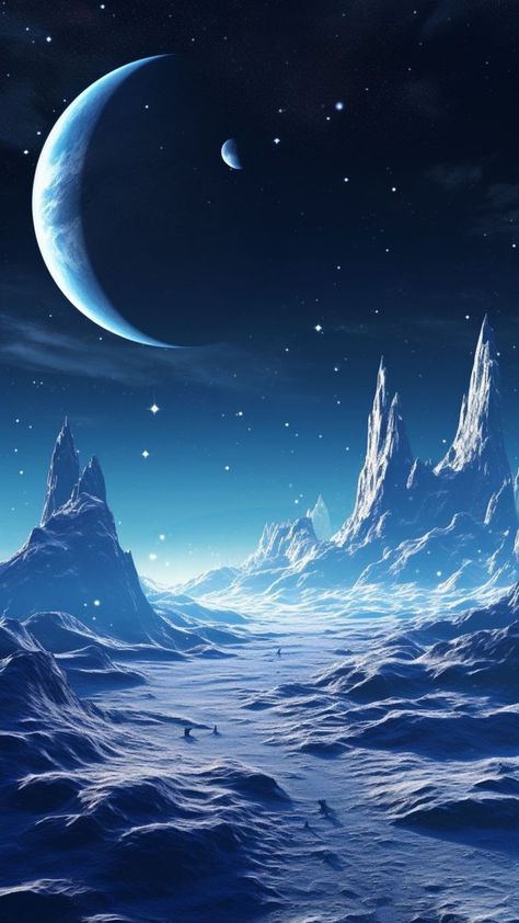 Galaxy World Art, Sci Fi Ice Planet, Ice World Fantasy Art, Ice Mountain Wallpaper, Fantasy Ice Landscape, Fantasy World Art Dreams, Ice Wallpaper Aesthetic, Space Opera Aesthetic, Ice Magic Art