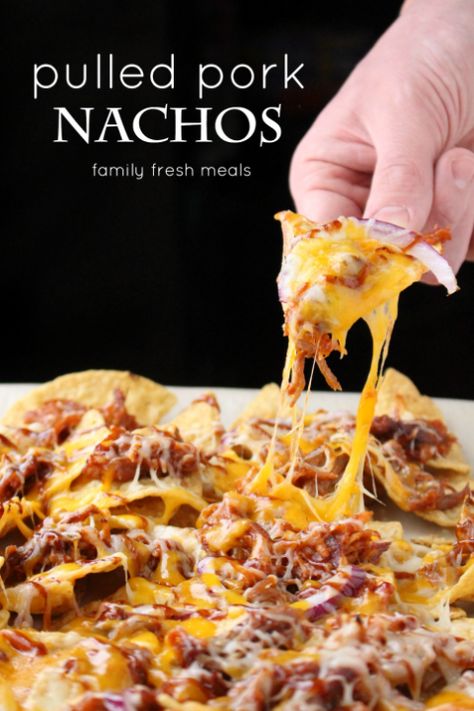 Pulled Pork Nachos - the best appetizer for football season. FamilyFreshMeals.com Best Appetizer, Pulled Pork Nachos, Pork Nachos, Fresh Meals, Family Fresh Meals, Nachos Recipe, God Mat, Football Food, Pork Dishes