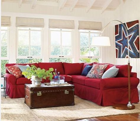 Fourth of July Red Living Room Color Scheme, Red Couches, Red Couch Living Room, Blue Family Rooms, Red Furniture, Red Living, Red Couch, Living Room Red, Living Room Color Schemes