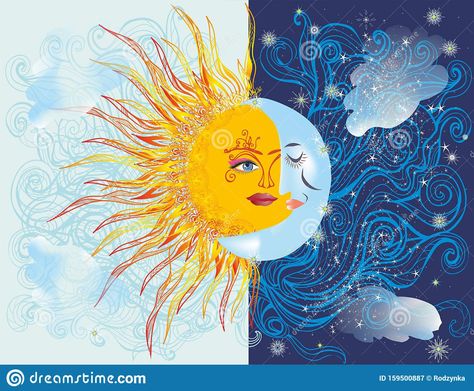 Day and Night Sun And Moon Vector, Sun And Moon Illustration, Moon Vector, Night Illustration, Art Major, Moon Illustration, Sun Art, Locked Wallpaper, Blue Clouds