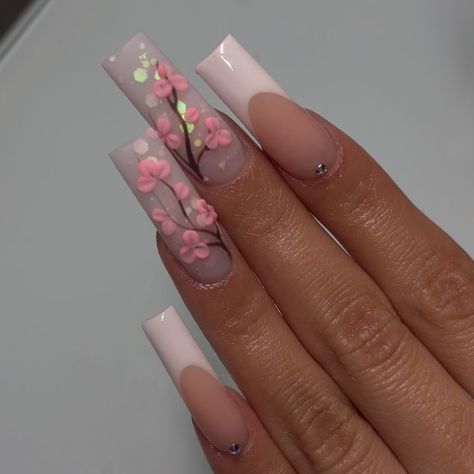 Cherry Blossom Nails Design, Blossom Nails, Cherry Blossom Nails, Glitter Accent Nails, Cow Nails, Sassy Nails, Tree Nails, Dope Nail Designs, Pretty Gel Nails