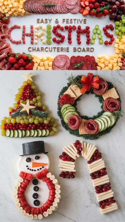 This PIN displays creative and festive Christmas charcuterie board ideas, including a tree of grapes and cucumbers, a wreath of crackers, salami, and cucumbers, a snowman with cheese and fruit, and a candy cane of cheese sticks and cranberries. Perfect for holiday gatherings! Christmas Sandwich Charcuterie Board, Christmas Charcuterie For Kids, Reindeer Charcuterie Board, Christmas Themed Charcuterie Board Ideas, Holiday Butter Board, Christmas Fruit Charcuterie Board, Sandwich Charcuterie Board Ideas, Winter Charcuterie Board Ideas, Grinch Charcuterie Board