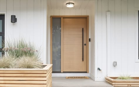 Coastal Front Door Entryway, Solid White Oak Front Door, White Cladded Houses With Oak Front Door, Exterior House Doors Front Entry Modern, Big Wood Front Door, Japandi Front Door Design, Double Front Entry Doors Modern Mid Century, Exterior Door No Window, Cedar Entry Door