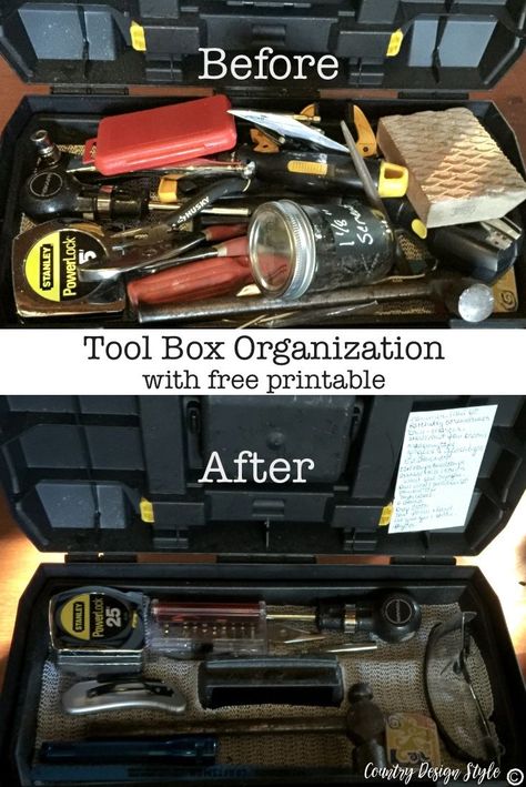 Tool box organization with printable | Country Design Style | countrydesignstyle.com Portable Tool Box Organization Ideas, Tools Box Ideas, Workshop Organization Diy, Truck Toolbox Organization, Toolbox Organization, Tool Chest Organization, Kitchen Junk Drawer, Tool Bag Organization, Small Tool Box