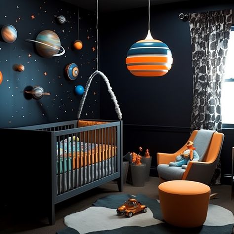 Transport your baby to the stars with a modern space-themed nursery. Use a dark, cosmic color palette, glow-in-the-dark stars on the ceiling, and rocket ship wall decals. A mobile with planets and stars completes the look. Nursery Ideas Space, Space Nursery Theme Boys, Stars On The Ceiling, Boys Space Room, Planet Nursery, Space Kids Room, Cozy Baby Room, Outer Space Nursery, Boy Nursery Themes