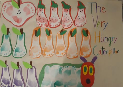 Hungry Caterpillar Handprint Art, Infant Vegetable Art, April Artwork For Infants, Very Hungry Caterpillar Handprint Craft, Caterpillar Infant Craft, Caterpillar Craft For Infants, Very Hungry Caterpillar Footprint Art, Very Hungry Caterpillar Infant Art, Caterpillar Craft Preschool