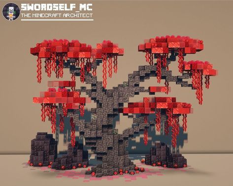 Nether Tree Minecraft, Minecraft Nether Statue, Nether Build Ideas, Red Minecraft Builds, Minecraft Leaves, Minecraft Building Ideas Nether, Minecraft Tree Build, Minecraft Tree Design, Nether Builds Minecraft