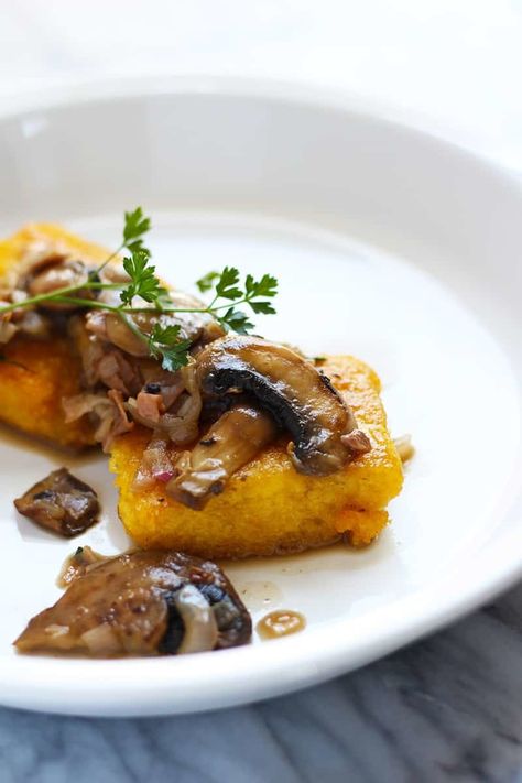 Polenta Crostini, Fried Polenta Cakes, Fried Polenta Recipes, Emiko Davies, Fried Polenta, Modern Apartment Building, Grilled Polenta, Mushroom Polenta, Polenta Cake