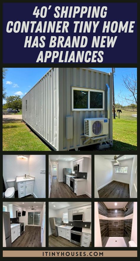 Modern, stylish, spacious, comfortable and packed with appliances- this shipping container tiny home is all that and more! Shipping Container Kitchen Ideas, Shipping Container Studio Apartment, Single Container House Interior, 40 Ft Container Home Interiors, Shipping Container Apartment, Shipping Container Kitchen, Container Apartments, 20 Ft Container Home, Shipping Container Tiny Home