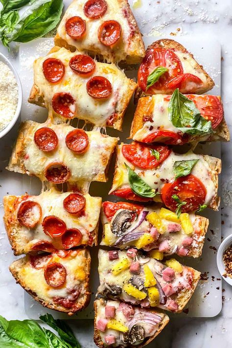 There's no need to wait for pizza dough to rise when you make this French Bread Pizza with your favorite toppings in less than 30 minutes. Homemade French Bread Pizza, Garlic Butter For Bread, French Loaf, French Bread Loaf, Homemade French Bread, Canning Crushed Tomatoes, Grilled Salmon Recipes, French Bread Pizza, Bread Pizza