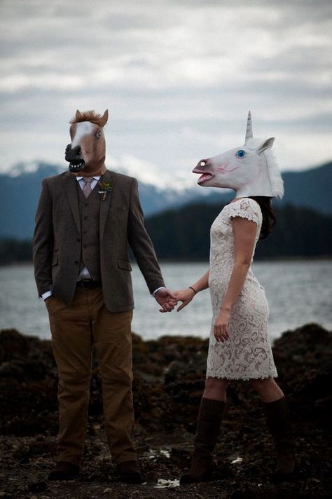 #fantasy #intuition #girls #girlish #illusion #dream Alaska Elopement, Unicorn Wedding, Unicorn Mask, Weird Photography, Alaska Wedding, Animal Mask, Juneau Alaska, Fantasy Photography, Wedding Beach