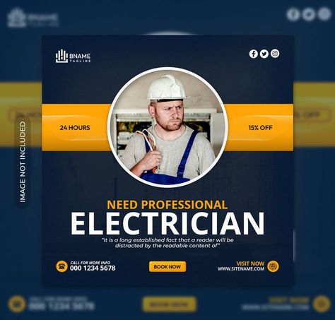 #Banner #Socialmedia #Promotion #Discount #Square #Repair #Professional #Technician Fix #Instagrampost #Socialmedia #bannerSquare  #Fast #service #Squareflyer #Electrician #electrical #electricalservic Instagram Social Media Post, Services Post, Electrician Services, Facebook Cover Design, Social Media Post Template, Professional Electrician, Instagram Social Media, Post Templates, Facebook Cover