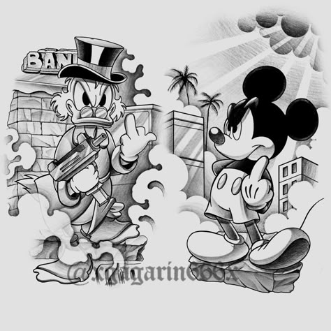 Gangsta Cartoon Tattoo, Men’s Half Sleeve Tattoo Designs, Scrooge Mcduck Tattoo Design, Cartoons Tattoo Design, Scrooge Mcduck Drawing, Scrooge Tattoo, Tattoo Designs Disney, Chicano Tattoo Sketch, Tattoo Cartoon Style