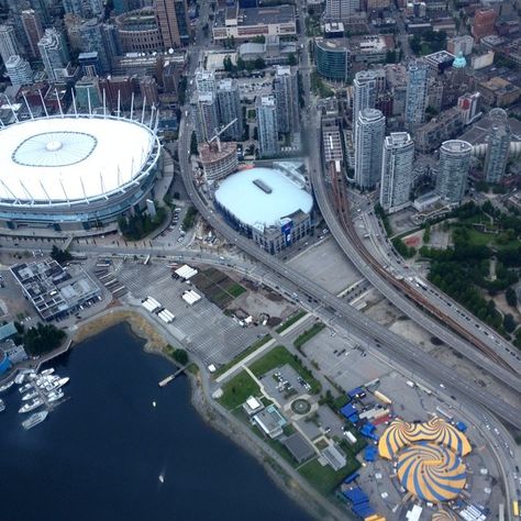 Vancouver's BC Place Stadium and Rogers Arena from above. City Of Glass, Mls Soccer, Soccer Stadium, Beautiful Canada, Lenny Kravitz, World View, Vancouver Bc, British Columbia, Places Ive Been