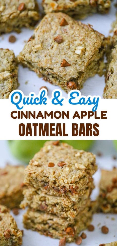 ndulge in these super moist Cinnamon Apple Oatmeal Bars for a sweet morning breakfast treat or delicious afternoon snack. Graciously packed with heart healthy oats, small chunks of apples and cinnamon chips in oatmeal in bar form, these are perfect for on-the-go breakfast and snacking. Apple Cinnamon Oatmeal Bars, Cinnamon Dessert Pizza, Summer Snacks Healthy, Tortilla Bites, Homemade Breakfast Bars, Cinnamon Apple Oatmeal, Easy Pumpkin Recipes Desserts, Cinnamon Bites, Oatmeal Bars Healthy