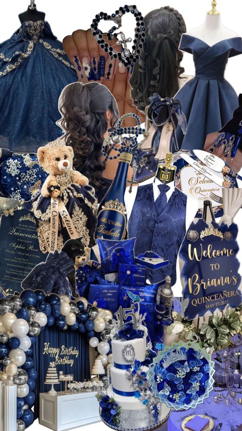 Navy Gold Quinceanera, Quinceanera Midnight Theme, Space Quinceanera Theme, Sweet Sixteen Under The Stars Theme, Quinceanera Dresses Dark Colors, Sweet 16 Party Ideas Under The Stars, Ocean Blue Quinceanera Dresses, Night Sky Quinceanera Theme, Quince Dresses Navy Blue And Gold