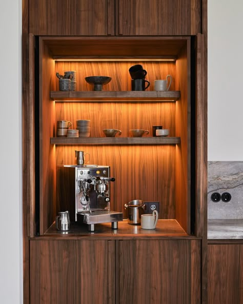 Studio 105 Projects | For these clients we created this custom-made kitchen pantry to enjoy their beloved coffee moments. #interiordesign #customdesign #custommade #interiordesigner #interiordesignstudio #kitchen #kitchendesign #kitchenpantry #coffee #bespokedesign Studio Apartment Coffee Bar, Cupboard Coffee Station, Kitchen Coffee Corner Ideas, Kitchen Ideas Coffee Station, Coffee Nook In Bedroom, Coffee Bar With Microwave, Built In Coffee Bar Ideas Kitchen, Coffee Corner Design, Wine Fridge Bar