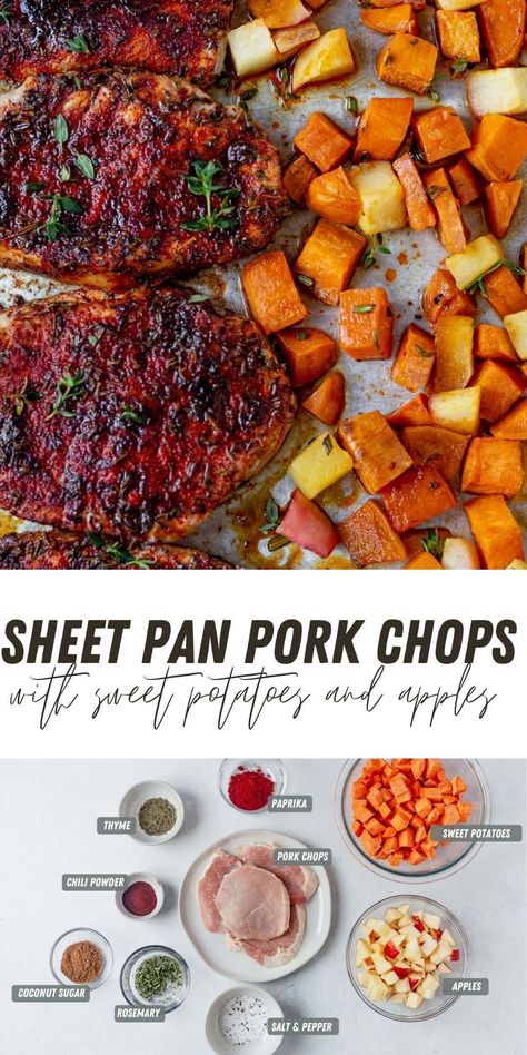 Pork Chops Sweet Potatoes Apples Crock Pot, Pork Chop Apple Sheet Pan Dinner, Sheet Pan Meals Pork Chops, Pork Chop One Sheet Pan, Baked Sheet Pan Recipes, Easy Sheet Pan Dinners Healthy, Pork Chop Apple Sweet Potato Recipes, Roasted Pork Chops And Vegetables, Pork Chop Brussel Sprouts Sheet Pan