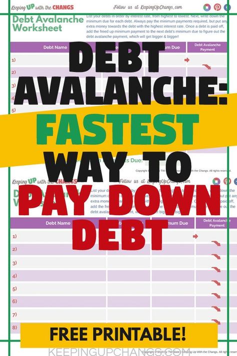 Free DEBT AVALANCHE worksheet printable tracker spreadsheet. See why this method of paying down your debt can accelerate reducing debt, saving money, and repairing or improving your credit score. Check how it compares to Dave Ramsey’s popular method of debt snowball. Use the free calculator to compare your payments and savings. Get tips to get yourself out of debt and onto a better life. Avalanche Debt Payoff Worksheet, Debt Avalanche Method, Budget Planning Printables, Reducing Debt, Debt Snowball Worksheet, Credit Card Debt Payoff, Debt Avalanche, Printable Tracker, Debt Snowball