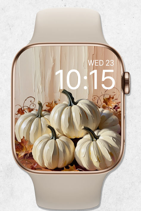 🌸 Elevate your style with our Autumn Apple Watch Wallpaper, showcasing an oil painting of white pumpkins surrounded by fall leaves in a beige aesthetic. This neutral boho watch wallpaper is designed to seamlessly complement your Apple Watch, transforming it into a fashion-forward accessory that reflects your unique style. Apple Watch Wallpaper Fall, Boho Watch, Wallpaper Fall, Pumpkin Apple, Fall Apples, Watch Wallpaper, Apple Watch Wallpaper, Apple Watch Faces, Beige Aesthetic