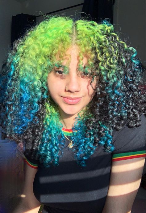 Curly Hair Vibrant Color, Multicolored Curly Hair, Cool Hair Dye Ideas Curly Hair, Split Dye On Curly Hair, Punky Colour Hair Dye, Dyed Hair Inspo For Curly Hair, Curly Vivid Hair, Colorful Curly Hair Black Women, Curly Hair Dye Styles