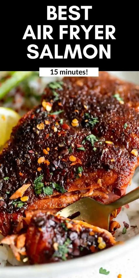 This simple air fryer salmon is packed with flavor, gluten free, paleo and can be made from fresh or frozen! This healthy salmon recipe is easy to make, and ready in 15 minutes. This salmon is perfect for a quick weeknight dinner for the family! Salmon In An Air Fryer, Air Fried Salmon Fillet, Airfry Salmon Filet, Airfry Salmon Recipes, Air Fryer Salmon Recipes Healthy, Teriyaki Salmon Air Fryer Recipes, Air Fry Salmon Recipes, Airfryer Salmon Recipes, Air Fryer Salmon Filet