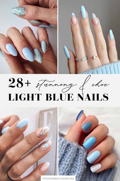 Looking for light blue nails or baby blue nails ideas to try? This list has it all! Light blue nails with design, acrylic, short, almond, coffin, square, and round. And, there’s baby blue nails with glitter for summer, with snowflakes for winter, and with rhinestones for any season, as well as light blue French tip nails you’ll love. Basic Light Blue Nails, Light Blue Ombre Nails Short, Pale Blue Nail Designs, Light Blue And Glitter Nails, Baby Blue Gel Nails Design, White Nails With Blue Snowflake, Bridal Nails Something Blue, Winter Baby Blue Nails, Light Blue Manicure Ideas