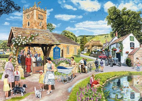 Great British Pastimes - Sunday Service Puzzles Drawing, Puzzle Artwork, Jigsaw Art, Cartoon Style Art, Farm Town, Art Nostalgia, Vintage Village, Nostalgic Art, Sunday Service