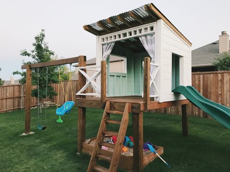 Diy Playhouse With Sandbox Underneath, Custom Built Playhouse, Under Slide Ideas, Diy Playhouse Swingset Plans, Diy Wooden Swingsets, Custom Playhouse Outdoor, Diy Wooden Playset, Play Structures For Kids Diy, Lean To Playhouse