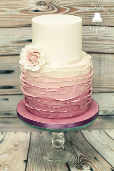 Ombré ruffle cake Pink Ombre Two Tier Cake, Rose Gold Ombre Cake, Ruffle Birthday Cake, Ombre Ruffle Cake, Cheap Wedding Cakes, Ombré Cake, Pink Ombre Cake, Contemporary Wedding Cakes, Wedding Cake Ideas