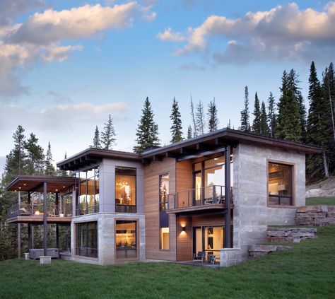 Cowboy’s Heaven Mountain Slope House Design, Mountainside House Plans, Modern Walkout Basement House Plans, Mountain Modern House Plans, Modern Mountain House Exterior, Mountain Modern Home Exterior, Modern Lake House Exterior, Mountain Home Floor Plans, Modern Mountain Home Exterior