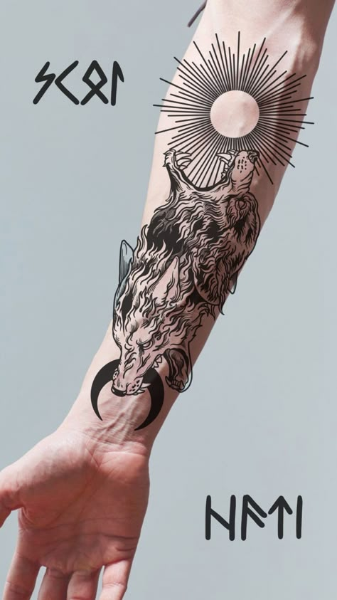 Shin Sleeves Tattoo, Skoll Hati Tattoo Design, Viking Tattoos Wolf, Skoll Hati Tattoo Norse Mythology, Skol And Hati Norse Tattoo, Sköll And Hati Wolves Tattoo, Art Viking Tattoo, Nordic Hand Tattoo, Norse Sleeve Tattoo