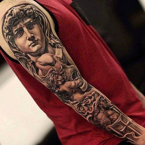 Italian Arm Sleeve Tattoo, Italian Tattoos For Men Italy, Juncha Tattoo, Italian Tattoos For Men, Jun Cha Tattoo, Michelangelo Tattoo, Portrait Tattoo Sleeve, Michelangelo David, David Michelangelo