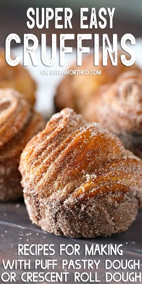 This Easy Cruffin Recipe is a cross between a croissant & a muffin. Made with puff pastry OR crescent roll dough & coated in cinnamon & sugar. Taste & texture similar to churros & positively heavenly. Great for breakfast, drizzled with dipping sauce, or topped with ice cream for dessert. Pillsberry Croissant Recipes, Croissant Roll Breakfast Recipes, Back In The Day Bakery Recipes, Easy Puffed Pastry Dessert, Puffed Pastry Breakfast, Pastry Dough Recipe Desserts, Crossaint Waffles, Easter Puff Pastry Recipes, Dessert Recipes Puff Pastry