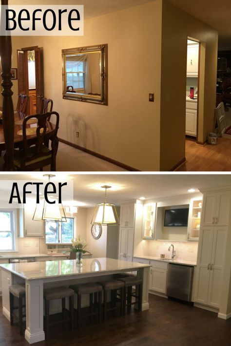 Remove Kitchen Wall, Removing Kitchen Wall, Kitchen Wall Removal, Wall Between Kitchen And Living Room, Raised Ranch Kitchen, Remove Wall, Wall Removal, Galley Kitchen Remodel, Kitchen Wall Cabinets