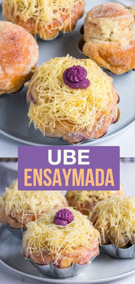 Filipino buttery bread with Ube Halaya and grated cheese Ube Paste Recipe, Ube Ensaymada Recipe Soft, Ube Ensaymada Recipe, Ube Filling Recipe, Ensaymada Recipe Soft, Filipino Ensaymada, Ube Ensaymada, Filipino Pastries, Ube Bread