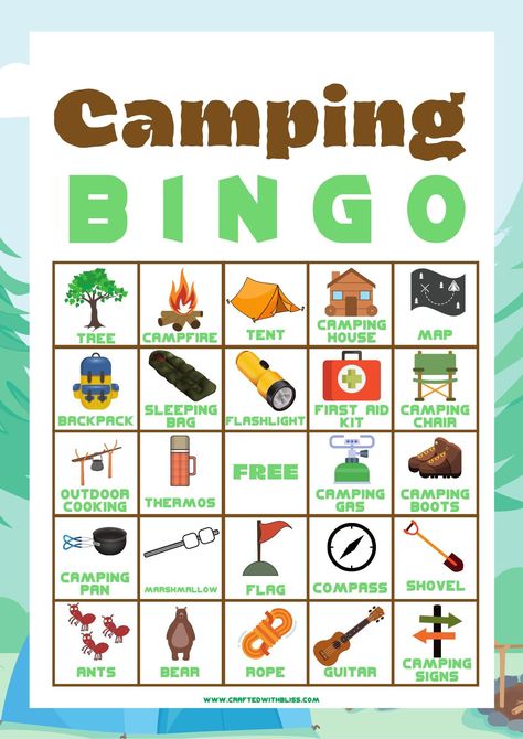 Camping Bingo For Kids, Camping Bingo Birthday Party, Classroom Bingo Game, Preschool Bingo Activity Fun Camp Games, Preschool Bingo, Bingo Birthday Party, Classroom Bingo, Camping Bingo, Camping Preschool, Bingo Birthday, Camping Theme Preschool, Bingo Games For Kids