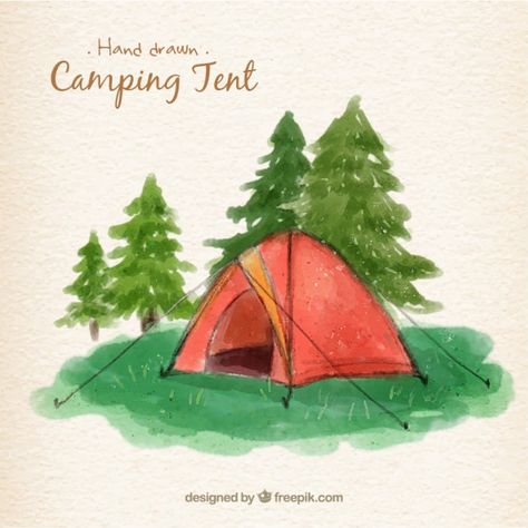 Watercolor Camping Scene, Camping Watercolor Painting, Tent Camping Drawing, Watercolor Tent, Hiking Watercolor, Tent Watercolor, Tent Painting, Camp Drawing, Drawing Camping