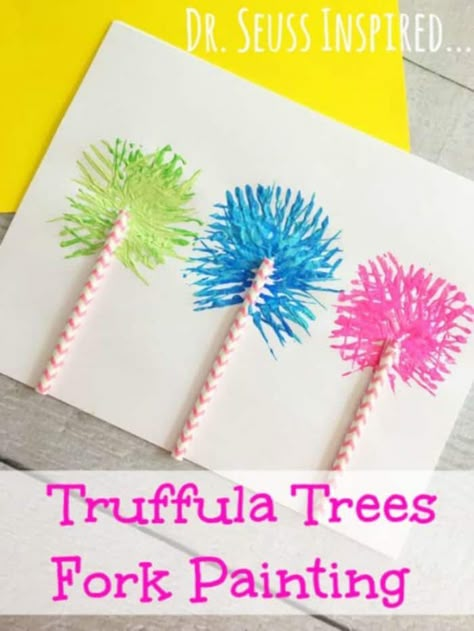 Dr Seuss Crafts and Ideas For Kids Fork Painting, Dr Seuss Preschool Activities, Dr Seuss Art, Dr Seuss Preschool, Dr Seuss Classroom, Truffula Trees, Dr Seuss Activities, Dr Seuss Crafts, Seuss Crafts