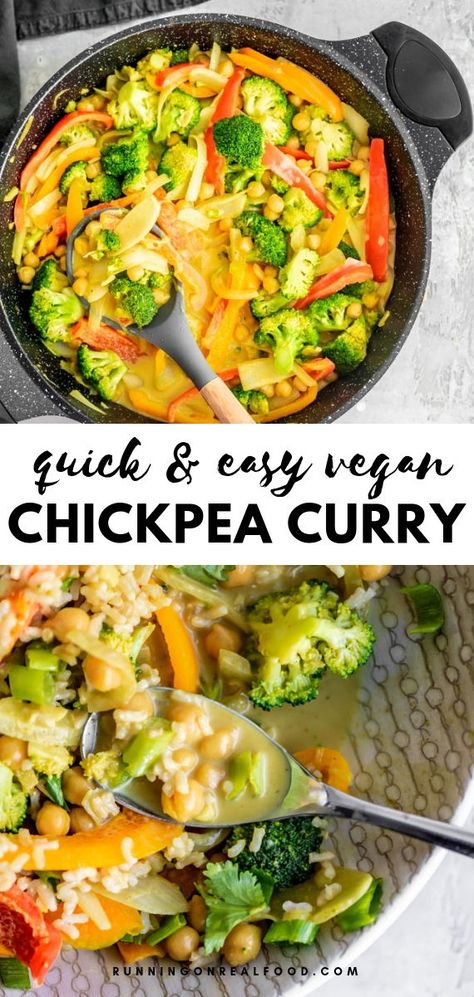 This quick and easy vegetable chickpea curry might just be your new favourite go-to dinner. Have this delicious, healthy vegan meal on the table in 20 minutes or less with minimal ingredients required. Chickpea Veggie Curry, Easy Vegan Curry Recipes, Chickpea Vegetable Curry, Pea Curry, Vegan Chickpea Curry, Chickpea Curry Recipe, Vegan Chickpea, Easy Vegetable, Chick Pea